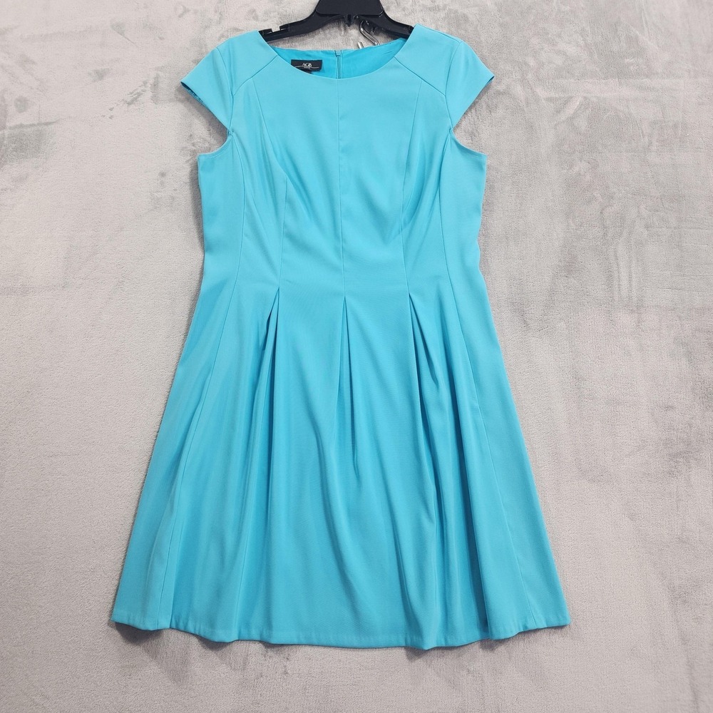 Vintage AGB Dress Womens 14 Blue Scoop Neck Cap Sleeve Pleated Fit & Flare Party